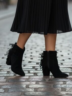 Rebecca Minkoff Black Suede Fringe Heeled Ankle Boots